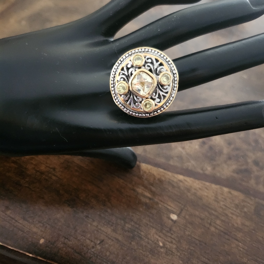 Premier Designs Clear Crystal Medallion Gold Silver Tone Legacy Ring